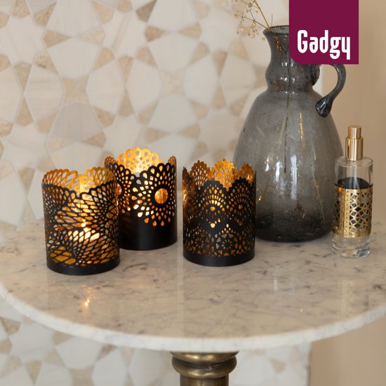 Gadgy Teelichthalter Rund - Teelichthalter 3er Set Dekoration Wohnzimmer - Stimmungsvolle Beleuchtung Innenräume - Kerzenhalter für Teelichter 8,5x10,5 cm - Windlicht Metall - Schwarz/Gold - Geschenk für Frau - Spitzenmuster