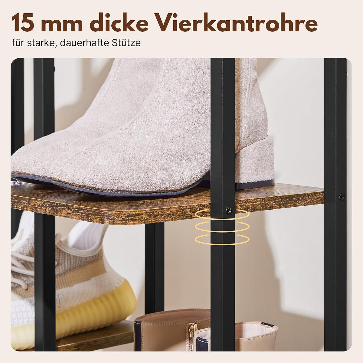 Yaheetech Schmales Schuhregal mit 10 Ebenen – 26,5 x 30 x 162 cm – mit Haken – Vintage-Holz und Metall – rustikales Braun