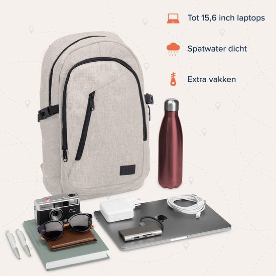 TRVLMORE Rucksack - 25L - 15.6 Zoll - Laptop-Rucksack mit USB - Schultasche - Herren und Damen - Tasche Champagner