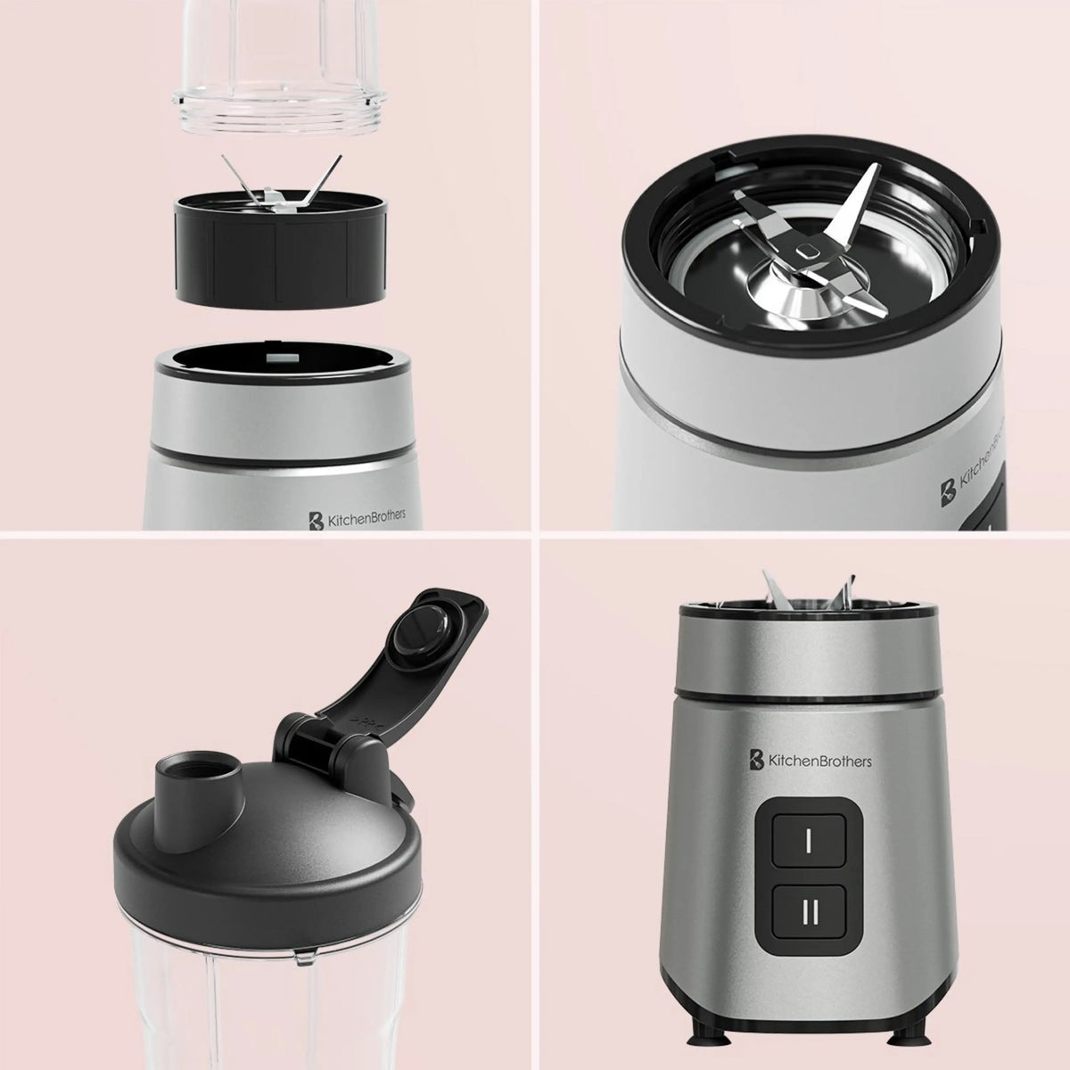 KitchenBrothers Mini-Mixer To-Go mit 2 Flaschen à 600 ml – 550 W – 4 Edelstahlklingen – Schwarz