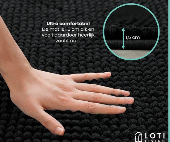 Loti Living Anti-Rutsch Badematte - Duschmatte - Badezimmermatte - Bodenmatte - Chenille Badematte - Schwarz - 50x80 cm