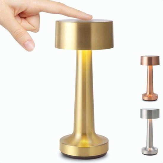 Goliving Tischlampe Wiederaufladbar - Kabellos und dimmbar - Moderne Touch-Lampe - Nachtlampe für das Schlafzimmer - 21 cm - Gold