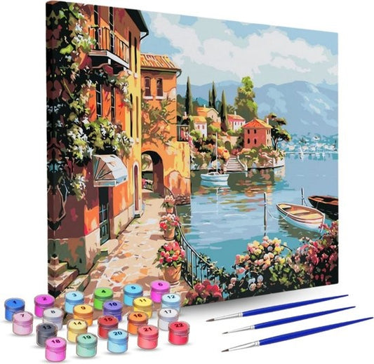 Rubye Malen nach Zahlen Erwachsene - Italienische Küste - Inklusive Farbe und Pinsel - Leinwand Malerei Leinwand - Farbe nach Zahlen - 40x50cm