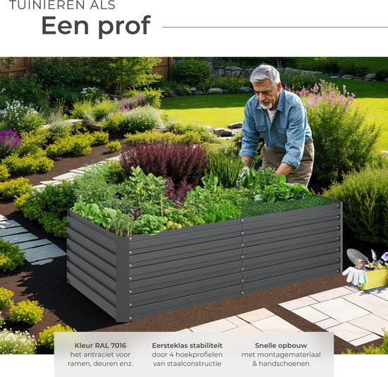 tectake® Pflanzkübel Blomma - Blumenkästen für den Außenbereich Rechteckig - Inklusive Arbeitshandschuhe - Stahl verzinkt - Stabil und wetterfest - 200 x 80 x 56 cm - Gartenbeet für Kräuter, Gemüse und Blumen - Anthrazit