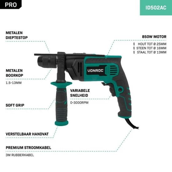 VONROC PRO Schlagbohrmaschine - 850W - Ø13mm - Metall-Schnellspannbohrfutter - Variable Drehzahl - 3m Gummikabel - Inkl. Tiefenanschlag und Zusatzhandgriff