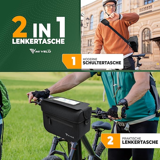 MIVELO Lenkertasche - 100% Wasserdicht & mit Handytasche - 7 Liter - Schwarz Reflektierend