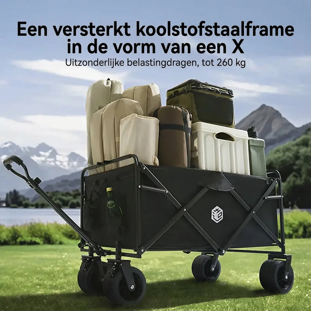 ochama Campingwagen 150 l – Zusammenklappbarer Handwagen mit Kugellagern – 260 kg Tragkraft – 300 l Stapelkapazität – Schwarz