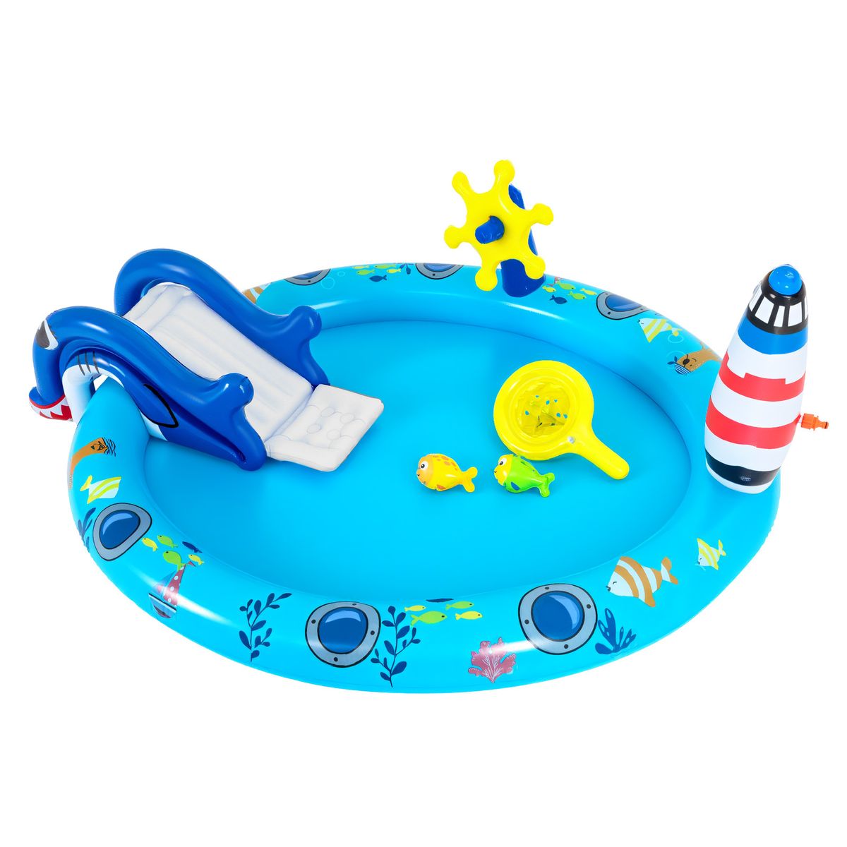 Coast Aufblasbares Kinderplanschbecken – Wasserspielzentrum im Meeres-Design – Haifisch-Rutsche und Sprühdüse – Mehrfarbig 188 x 153 x 63 cm