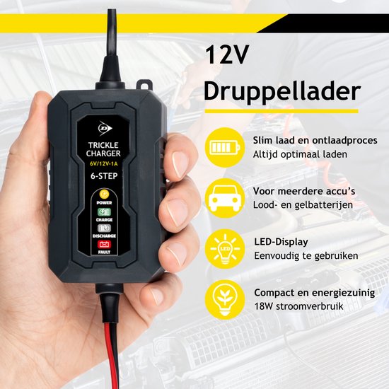Dunlop Erhaltungsladegerät 6/12 V 1 A – Autoladegerät mit 6-stufigem Ladezyklus – für Roller und Motorräder – kurzschlussgeschützt – Erhaltungsladegerät für Blei- und Gel-Batterien – schwarz