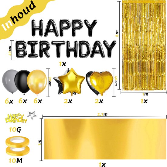 Feestio Ballons Geburtstag Dekoration mit Tischtuch und Girlanden - Helium - Schwarz Gold