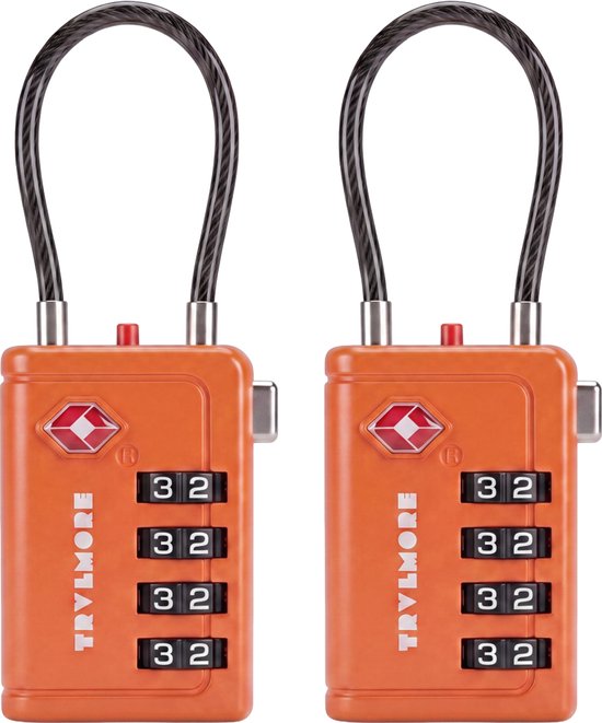 TRVLMORE Kofferschloss mit Kabel – TSA-zertifiziert – Alarmfunktion – 4-stellig – 2 Stück – Orange