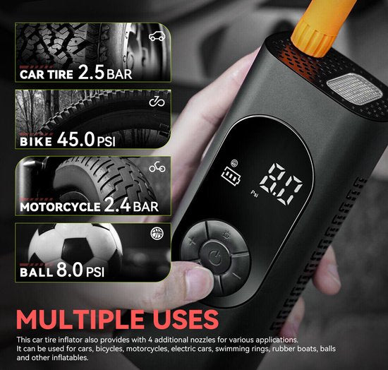 Fuegobird - 6000 mAh Elektropumpe - 150 PSI Fahrradpumpe - Elektrische Miniatur-Fahrradpumpe mit SOS-LED - Gebrauch: Für AUTO-Reifen - Fahrräder - Elektrofahrräder - Ballsportarten - Inklusive 2 Aufpumpschläuche - Schwarz