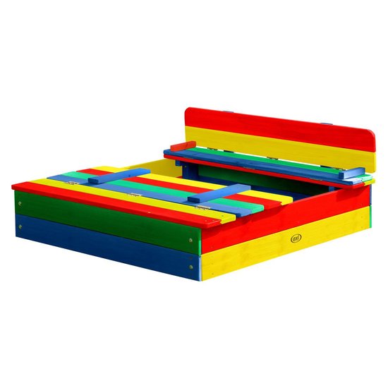AXI Ella Holzsandkasten in Regenbogenfarben – Mit Sitzbänken und Deckel – FSC-Holz – 100 x 95 x 20 cm – Sandkasten für Kinder