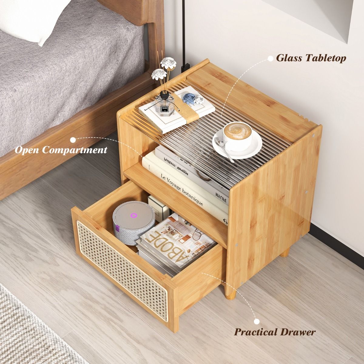 Coast Nachttisch-Set, 2er-Set – Bambus und Rattan – Schublade und offenes Fach – naturfarben, 43 x 35 x 50 cm