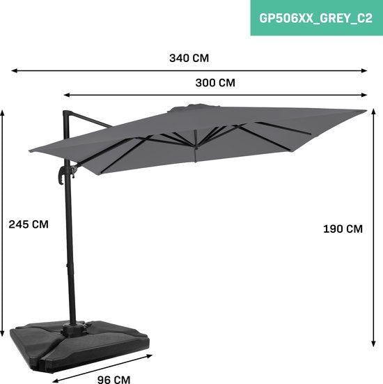 VONROC Premium Floating Parasol Pisogne 300x300cm - Inkl. befüllbaren Fliesen, Kreuzfuß & Schutzhülle - Quadratischer Sonnenschirm - 360° drehbar - Neigbar - UV-beständiges Tuch - Grau