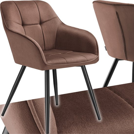 tectake® Esszimmerstuhl Marilyn - Polsterstuhl in Samtoptik - Nahtmuster - Schwarze Stuhlbeine - Ergonomischer Küchenstuhl - Mit durchgehender Rückenlehne und Armlehnen - Stuhl für Wohnzimmer, Esszimmer, Schlafzimmer - Braun