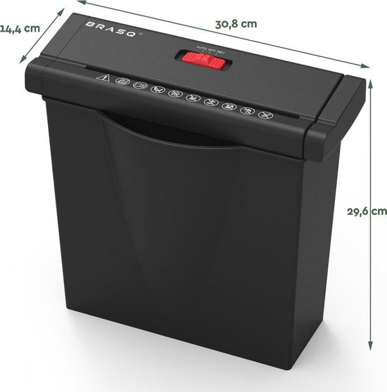 BRASQ Aktenvernichter mit Auffangbehälter Schwarz - 7 Liter - Aktenvernichter für Heim und Büro - P2 - 6mm Streifen - 6 Blatt