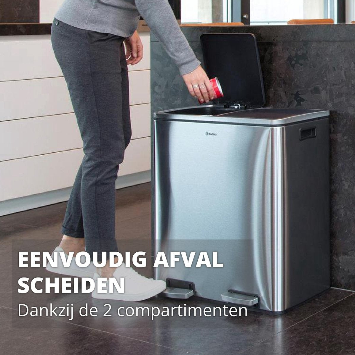 Homra QUICKX Duo - Abfallbehälter - Abfalltrennung - 2 Fächer - Edelstahl - 60 Liter (2x30 L)