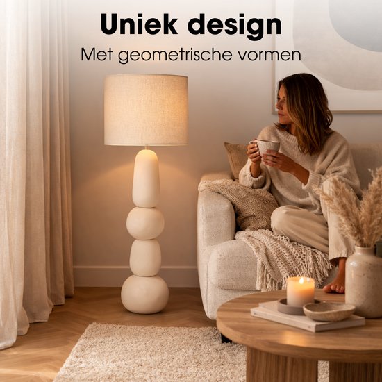 Mica Decorations - Menko Stehlampe für das Wohnzimmer – Mit Lampenschirm – 105 x ⌀38 cm – 60 W, E27, IP20 – Creme