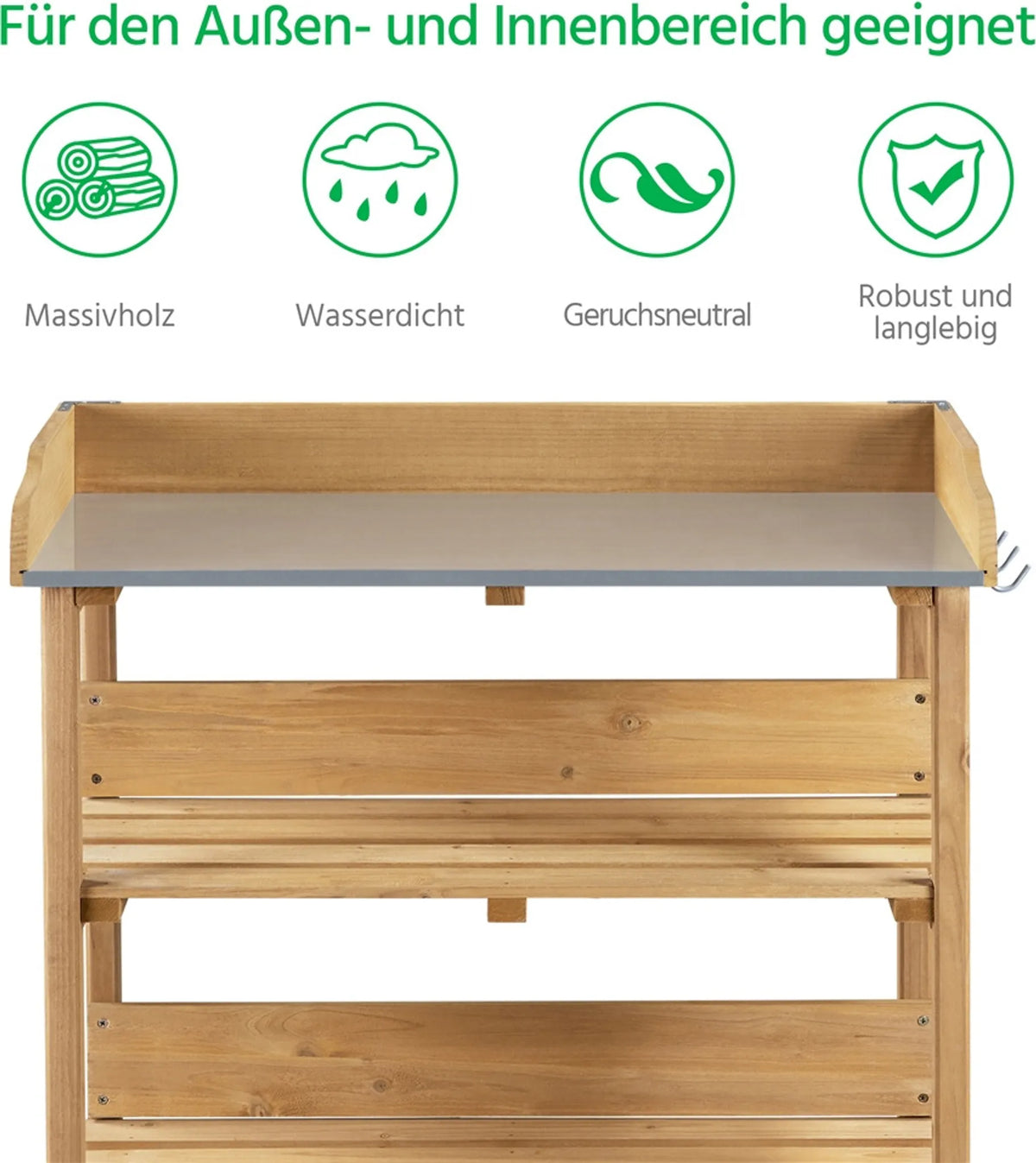 Gartentisch für den Außenbereich mit verzinkter Arbeitsplatte, 3 Regalböden und 3 Haken, in Holzoptik