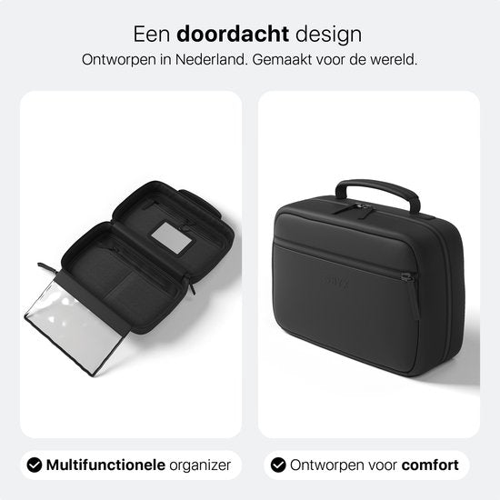ONYX Kulturtasche Schwarz - Schminktasche - Kosmetiktasche - Intelligentes Layout - Beautycase & Schminkspiegel - Kosmetiktasche zum Aufhängen mit Haken - Damen und Herren - Größe: M