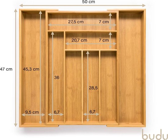 Budu Extendable Bamboo Cutlery Tray #47 (47 cm tief) - Besteckkassette Holz - Besteckschublade - 47 x 30.6 - 50 cm - 6/8 Fächer