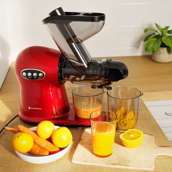 KitchenBrothers Slowjuicer XL - Entsafter - Gemüse- und Obstpresse - 43 mm und 70 mm Einfüllöffnung - 500 ml - Rot