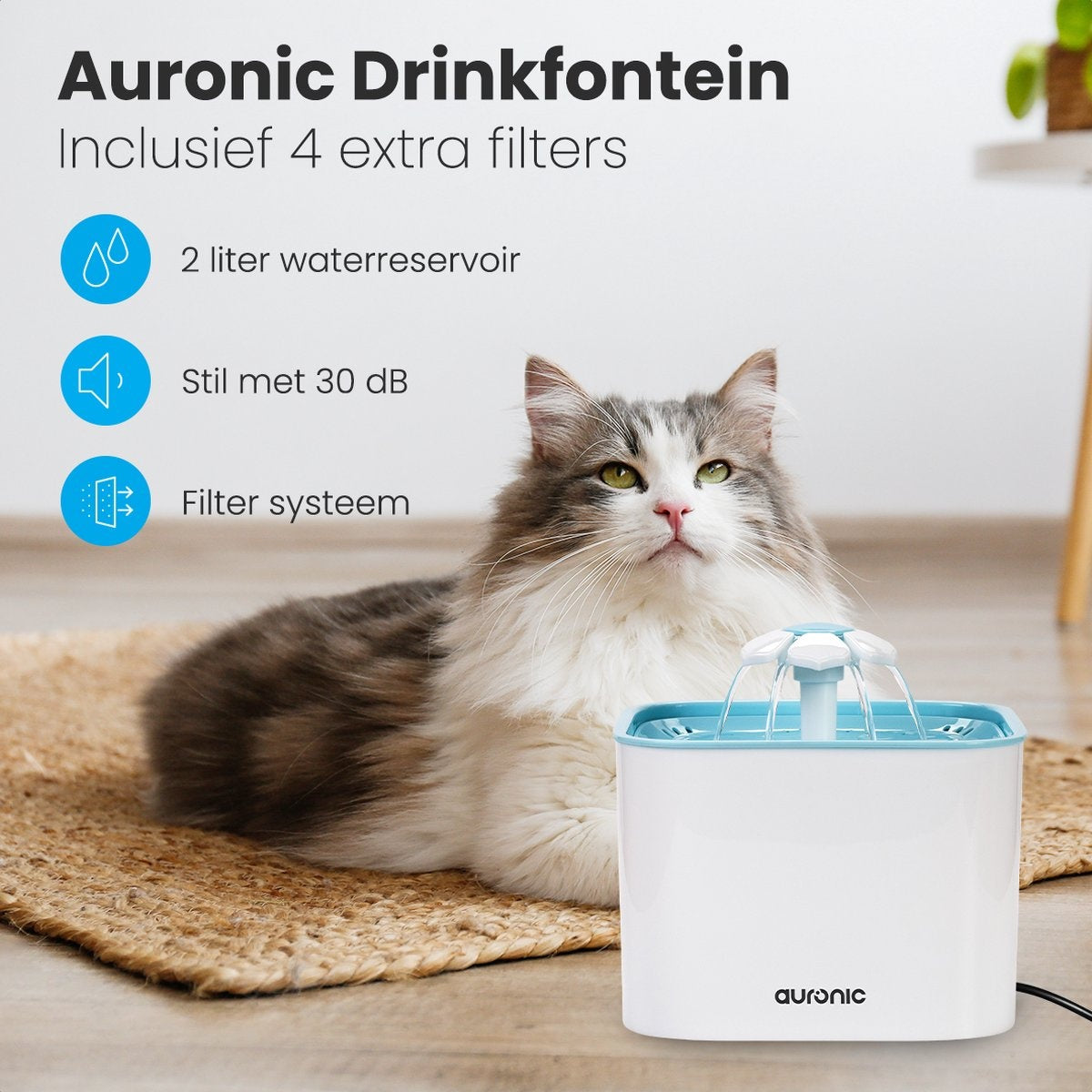 Auronic Trinkbrunnen - Wasserbrunnen für Katzen und Hunde - 2L - Tiertränke - Inkl. 4 Filter - Schwarz
