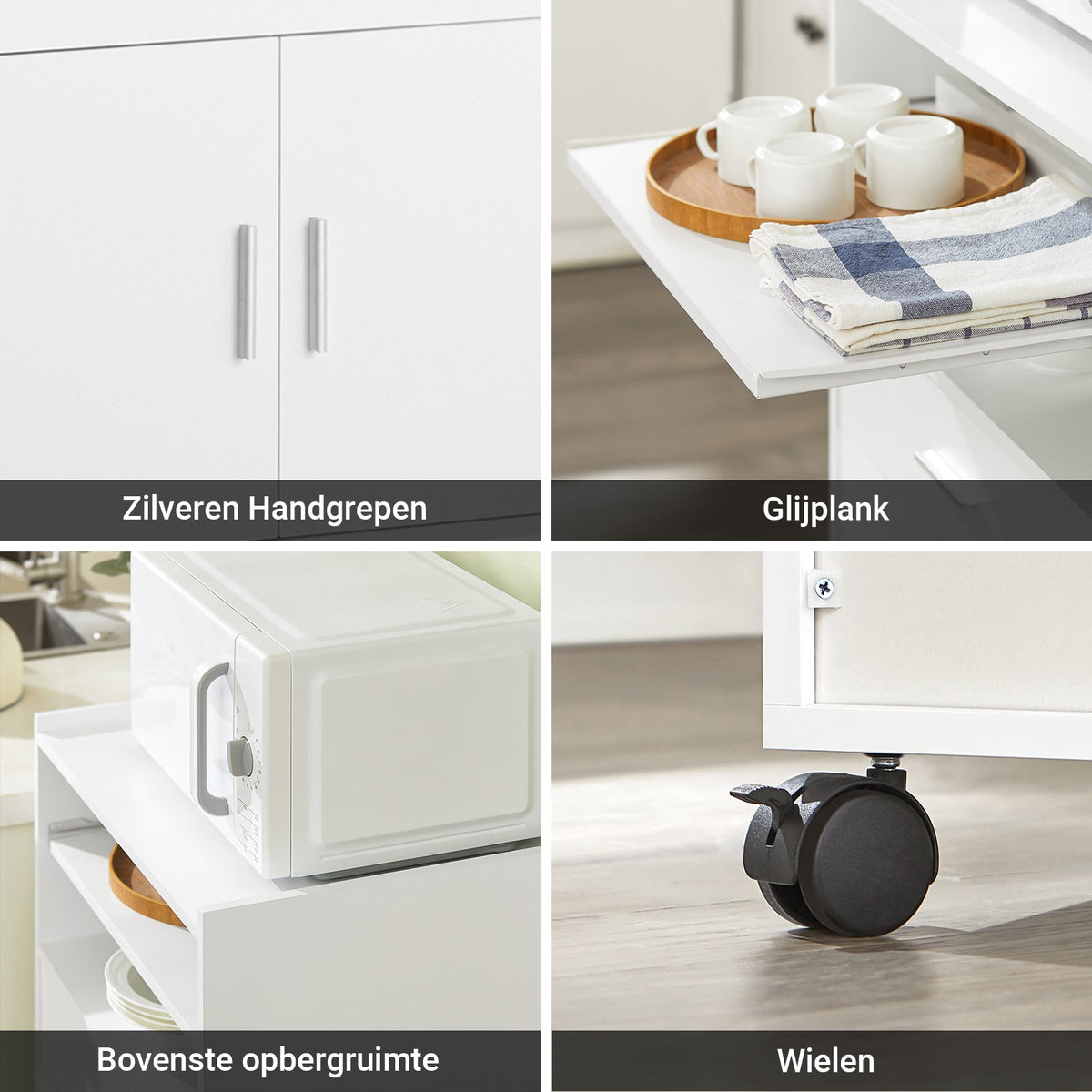 SoBuy FSB09-W Küchenwagen – Ausziehbare Arbeitsplatte – Schublade, Einlegeböden & Schrank – Weiß
