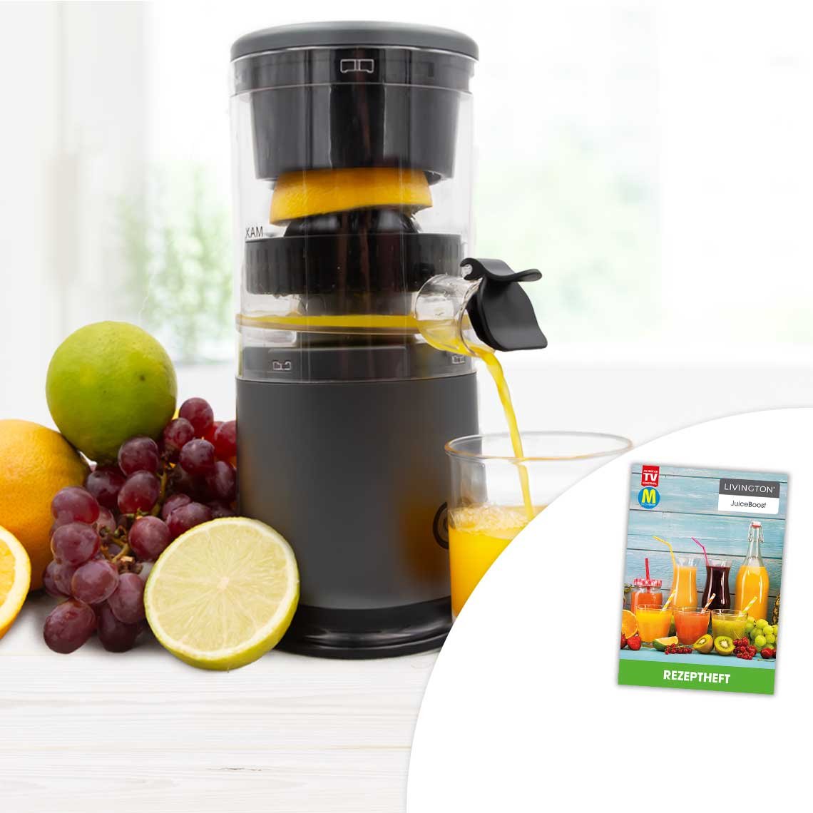 Livington JuiceBoost Kabelloser Entsafter – inklusive Rezeptbuch – kompakt und leicht – vitaminschonende Saftzubereitung