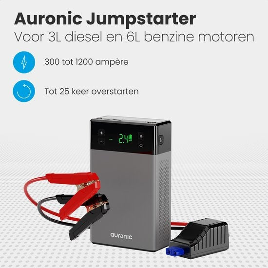 Auronic Jumpstarter - mit Kompressor - 12V - 1200A - 12.000 mAh - 6-in-1 Starthilfe - Inkl. Aufbewahrungstasche & Zubehör - Schwarz/Grau
