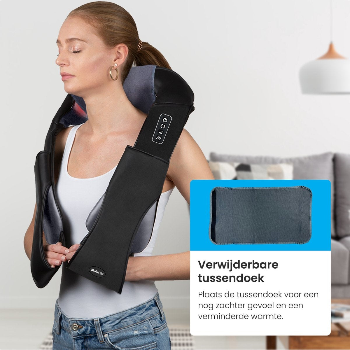 Auronic - Shiatsu-Massage-Kissen - Elektrisches Nackenmassagegerät - Infrarot - Kabellos - Schwarz