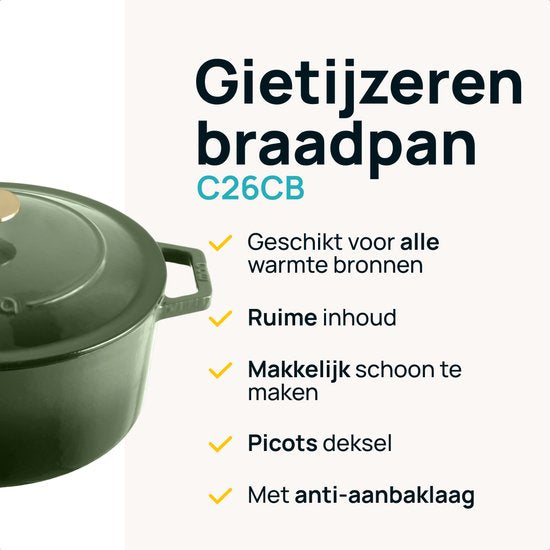 MOA Gusseisen-Kasserolle - 5,7L - Für alle Wärmequellen inkl. Induktion - Mit Deckel - Ø 26cm - Antihaftbeschichtung - Grün