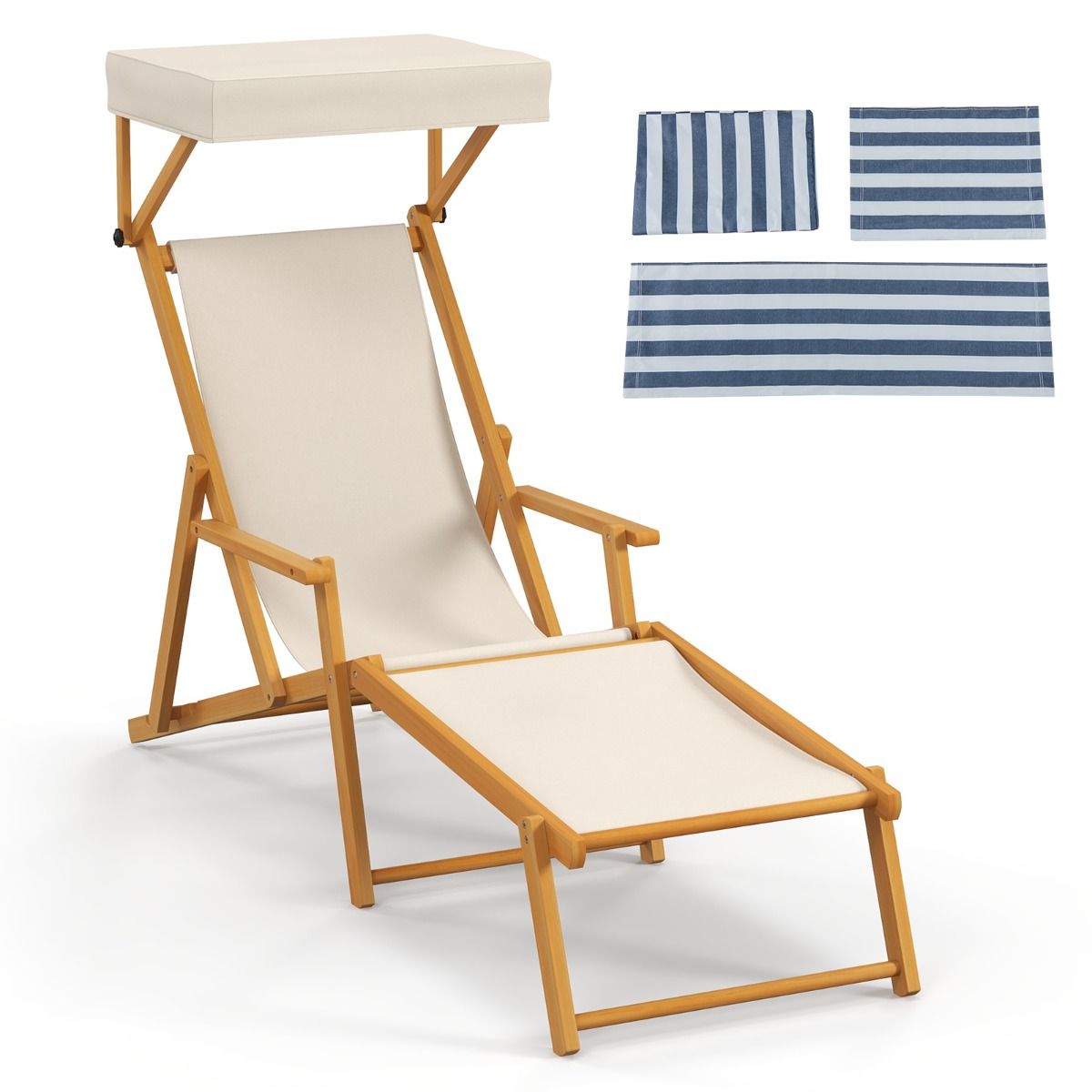 Coast Birchwood Foldable Beach Lounger mit verstellbarem Sonnendach, Rückenlehne und Fußstütze - Beige/Natur - 170x62x140 cm