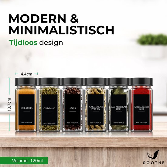 Soothe 48 Glasgewürzdosen quadratisch mit schwarzem Deckel - 2 Arten von Streudeckeln - Gewürzstreuer - Gewürzdosen - Komplettset inkl. Gewürzsticker, Kreidestift und Zubehör - 120ml