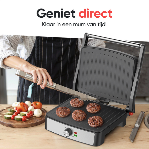 Kitchenwell - Kontakt Grill - KN381 - Sandwichmaker - Aluminium - Silber/Schwarz