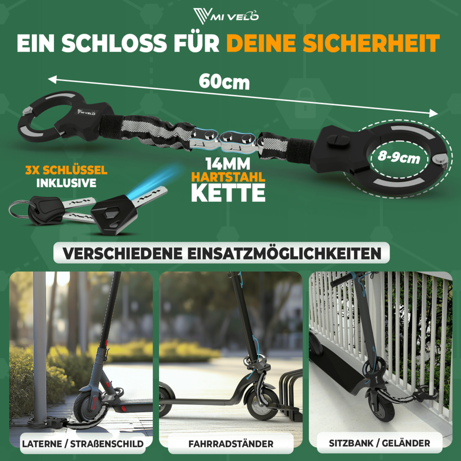MIVELO Fahrradschloss - Gehärteter Stahl - Inkl. LED Schlüssel - 90 cm - Schwarz
