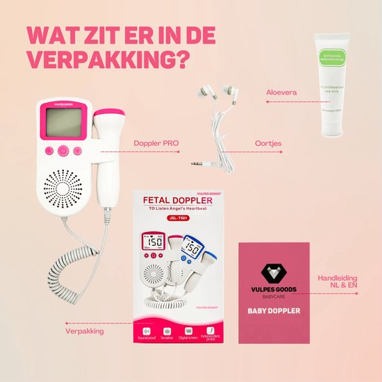 Vulpes Goods® BabyCare - Doppler Baby PRO - Baby-Herzmonitor - Fetal-Doppler - Herzschlag-Baby-Doppler - Echo-Gerät - Schwangerschaftsgeschenk - Pink - Inkl. Ultraschall-Gel und Ohrstöpsel