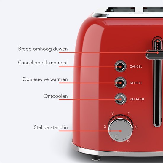 KitchenBrothers Toaster mit Toasty Clamps - Toaster - 6 Wärmestufen - Breite Schlitze - Toaster - 870W - Rot
