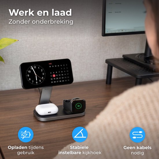 Nuvance Kabelloses Ladegerät – 3-in-1 – 15 W – Ladestation – Schnellladegerät – Wireless Charger – Geeignet für Apple Smartwatch und Ohrhörer