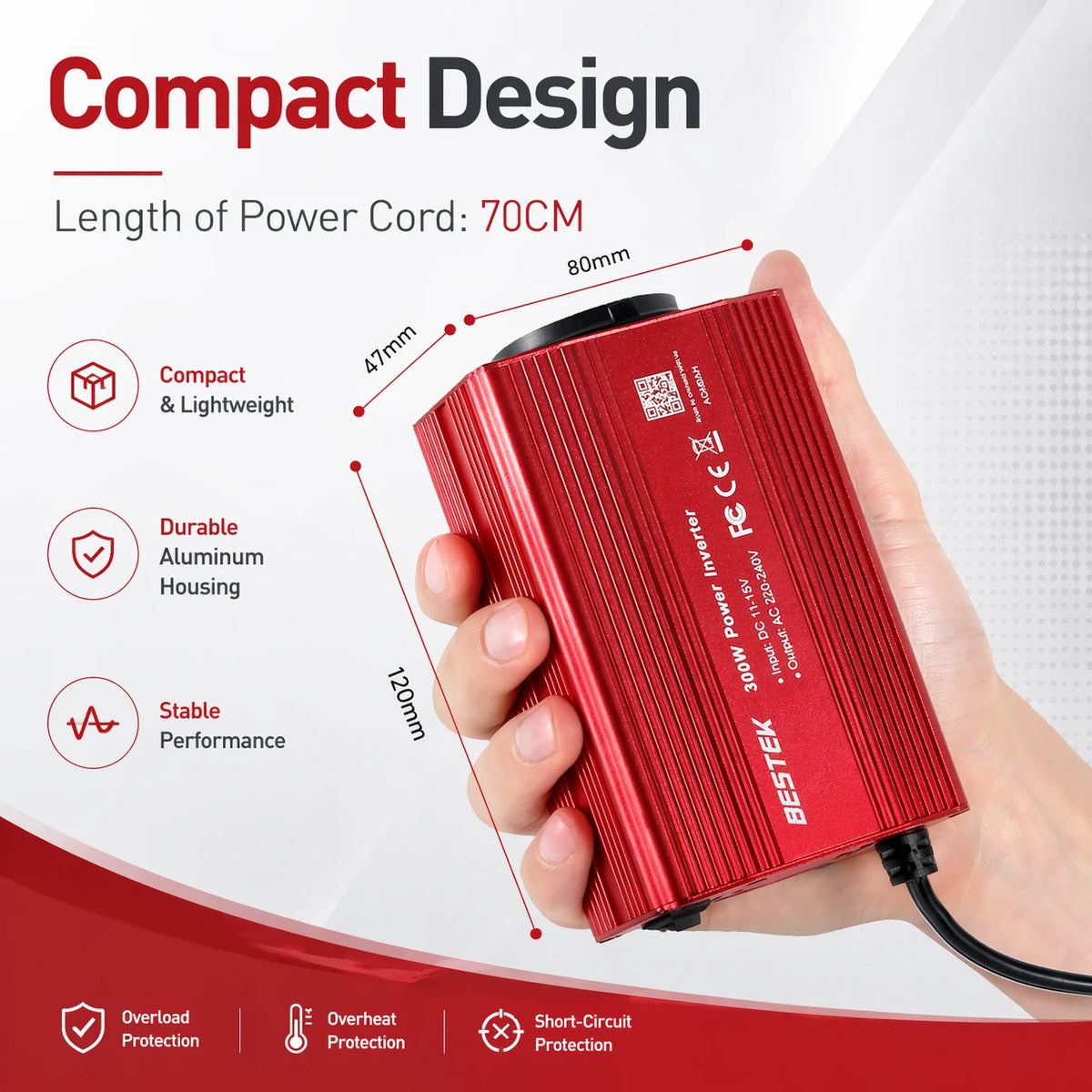 BESTEK 300-W-Wechselrichter 12 V auf 230 V – 2 USB-Anschlüsse & Steckdose – Für Auto, Wohnmobil und unterwegs – Rot