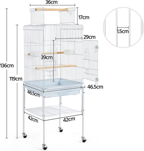 Yaheetech Vogelkäfig für Wellensittiche, Kanarienvögel und Papageien – mit Ständer, Spielzeug und Stauraum – Weiß – 46,5 x 46,5 x 136 cm