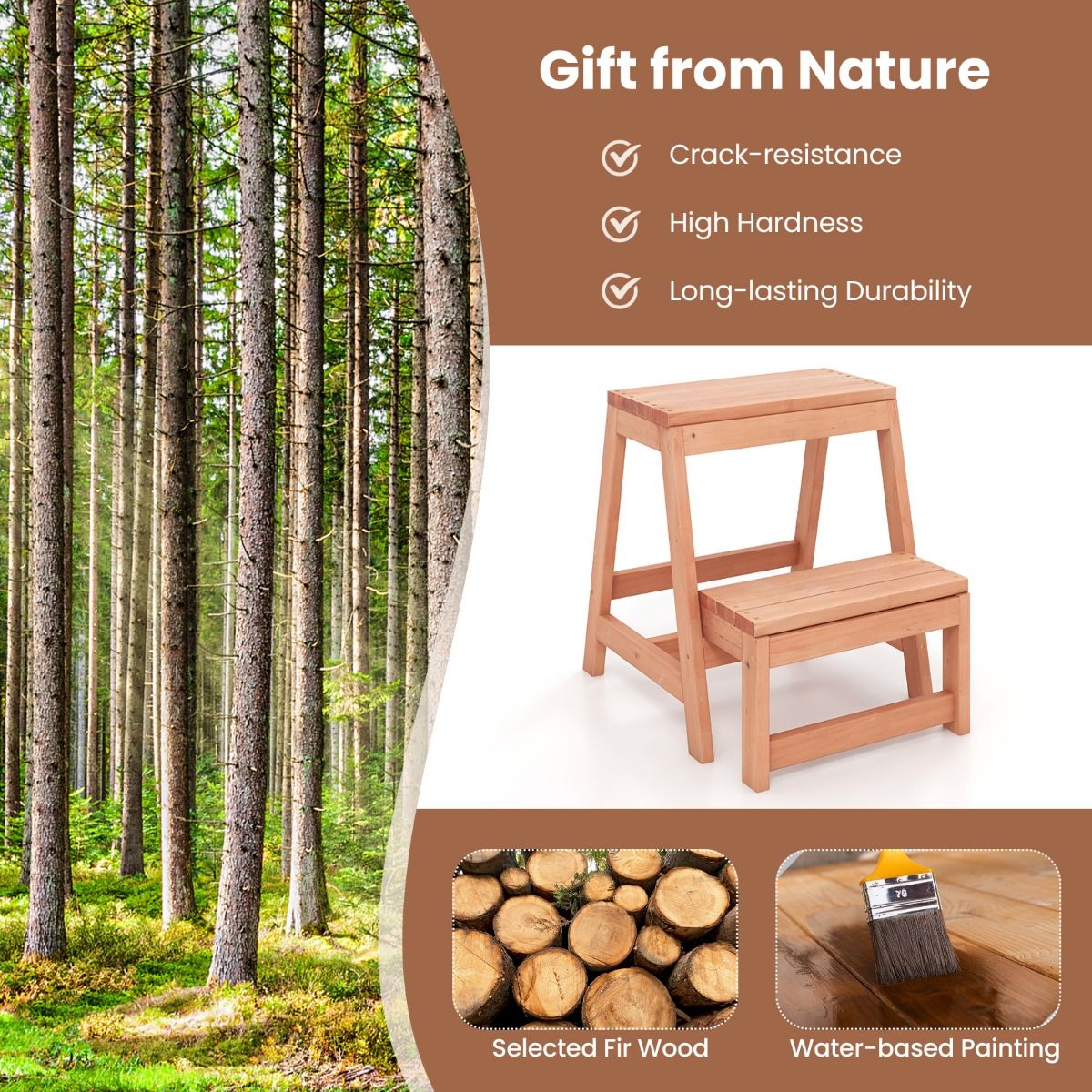 Coast 2-Step Foldable Wooden Stool Natural - Multifunktionale Stufe für Kinder und Erwachsene 50x39x45 cm