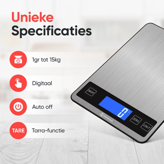 Kitchenwell Digitale Präzisionsküchenwaage - Küchenwaage - 1gr - 10kg - Tara-Funktion - USB wiederaufladbar - Grau