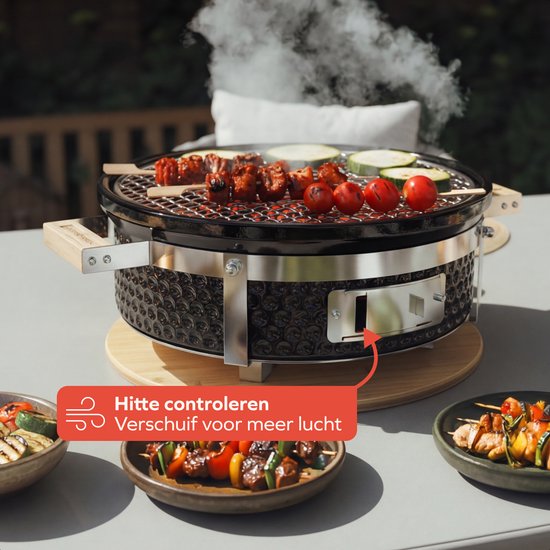 KitchenBrothers Kamado Hibachi Grill - PFAS frei - Holzkohlegrill - Shichirin Tischgrill - Rund BBQ - Keramikgrill - Schwarz