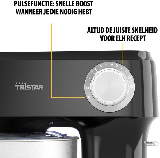 Tristar Küchenmaschine 800 W – Küchenroboter 4,5 l – Edelstahl-Rührschüssel – 12 Programme – Schwarz