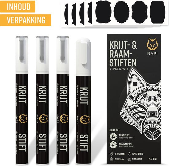 NAPI 4 Kreidemarker weiß - abwaschbar - Fenstermarker 3 & 6mm - Kreidemarker für Tafel & Fenster - Whiteboardmarker - Whiteboardmarker - Glasmarker - Kreidemarker - Porzellan - Glas - Inkl. 20 Sticker