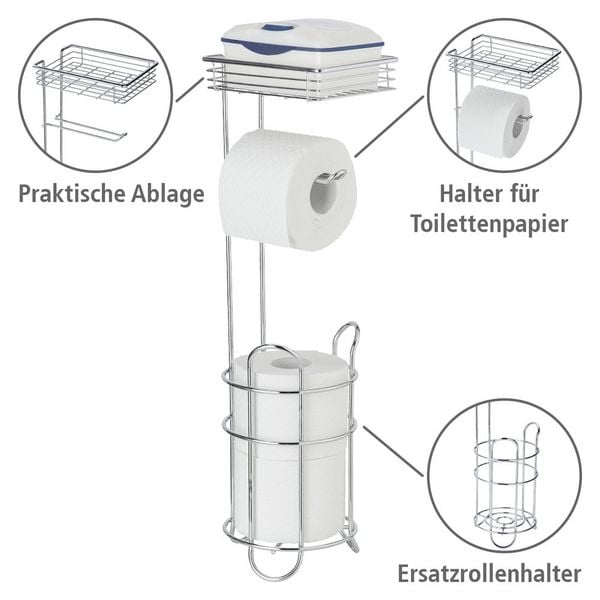 Stehender Toilettenpapierhalter aus Chrom – mit Ablage und Halter für Ersatzrollen
