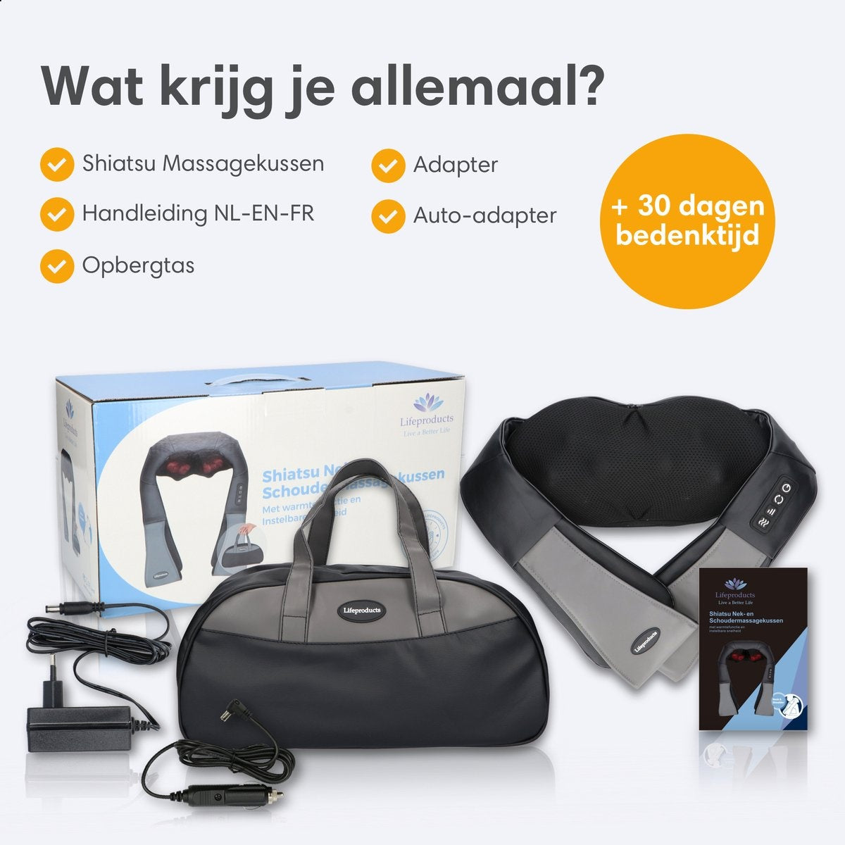 Lifeproducts - Shiatsu-Massagekissen - Nacken- und Rückenmassagegerät - Wärmefunktion - Kabellos - Schwarz