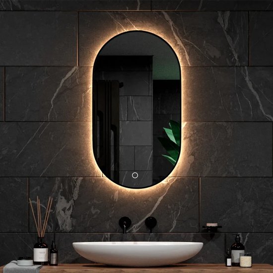Mirlux Badezimmerspiegel - Mit LED-Beleuchtung & Heizung - Wandspiegel Oval - Anti-Kondensations-Duschspiegel - 90x50CM - Schwarz